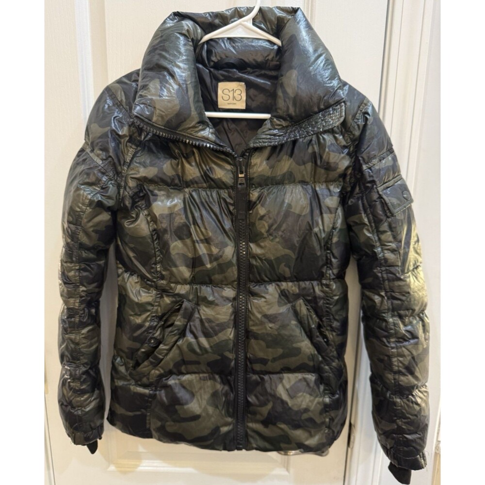 S13 Puffer Jacket Camo Women's Hooded Shiny Nylon Duck Down Feathers Y2K Sz XS